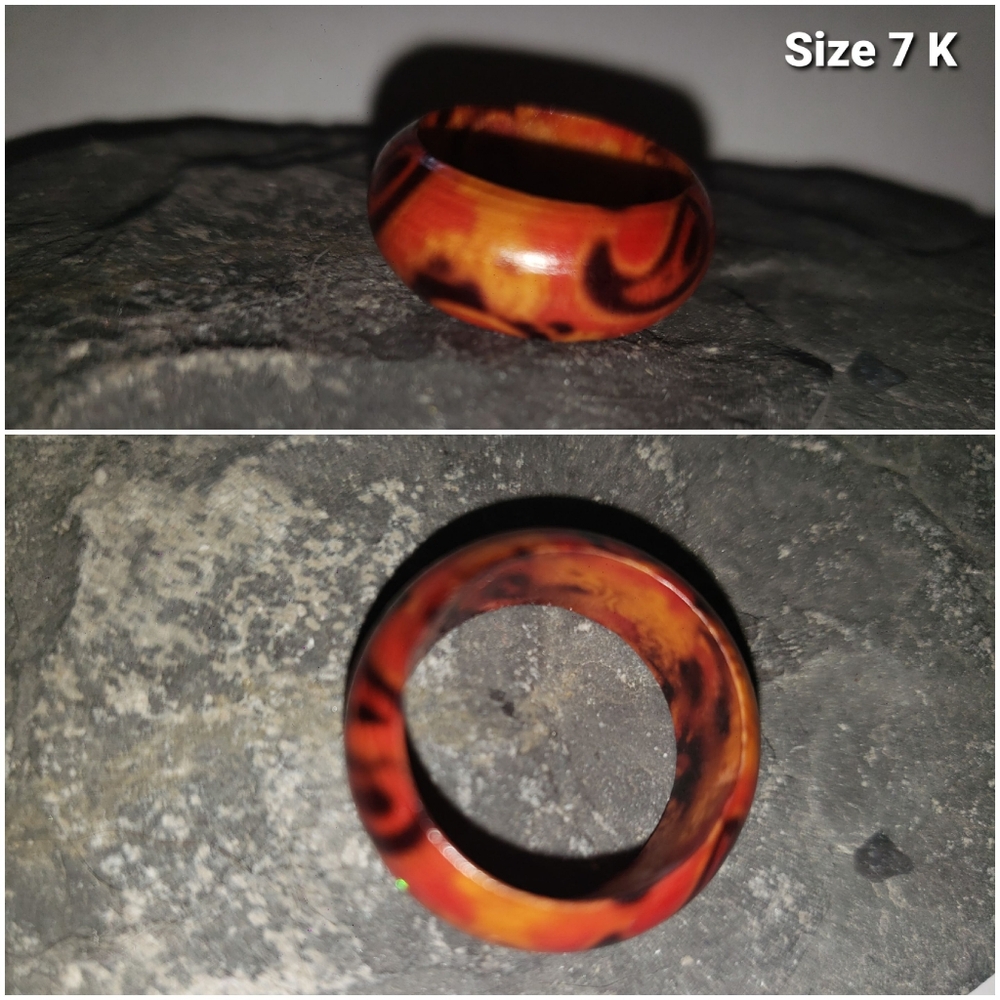 Stylish Orange and Black Wooden Ring - Size 7